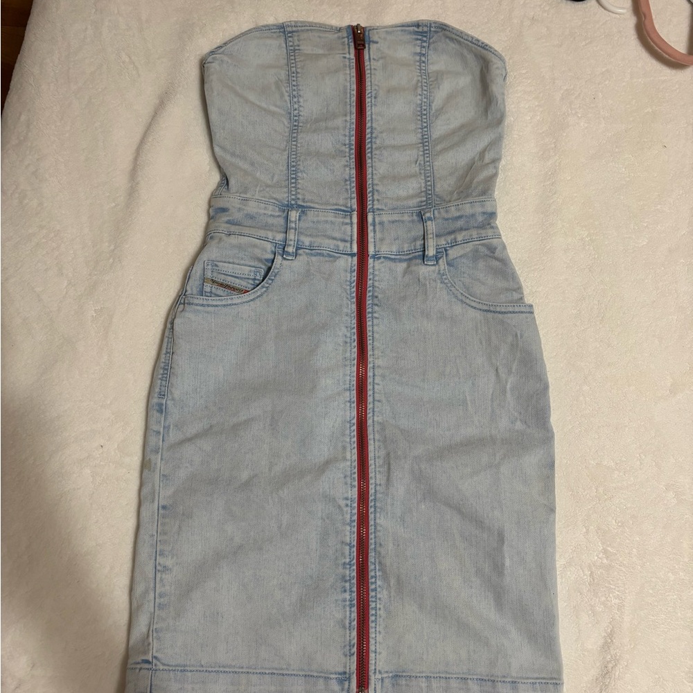 Diesel Light Blue Strapless Dress with Red Accent